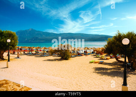 Samos island, Greece - September 20, 2017: Beautiful Psili Ammos beach, tourists enjoying a nice summer day on Samos Island in Greece Stock Photo