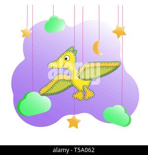 Funny cartoon character dinosaur. Dino flies among the clouds and stars. Yellow pterodactyl for posters in the nursery, print on clothes, cards, wall  Stock Vector