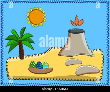 Landscape with the island of dinosaurs. Volcano, palm trees, sand, stones, sun, dinosaur eggs. Vector illustration in stitch style. For educational ga Stock Vector