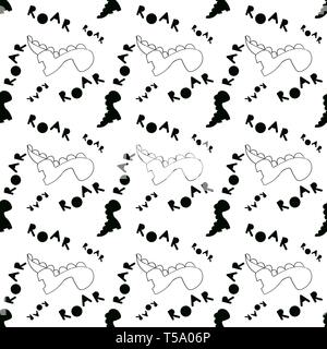 Monochrome Dino pattern. Black and white seamless tile with contour dinosaurs and letter in scandinavian style. Vector Dino print textile, fabric. Ill Stock Vector