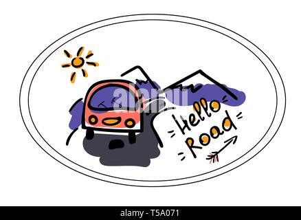 Camper, road and mountains. Stylized illustration in the style of doodle. Logo vector, shirt pattern, print card for typography. Road emblem on auto g Stock Vector