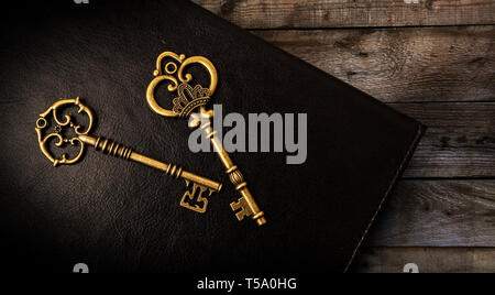 Two Old keys on the dark background of the skin Stock Photo