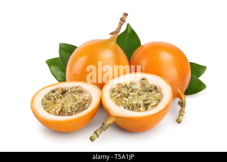 Granadilla or yellow passion fruit with leaf isolated on white background Stock Photo