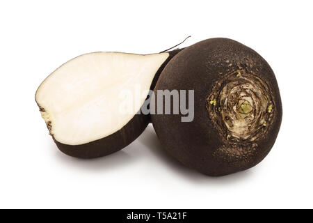 Black radish with half isolated on white background Stock Photo