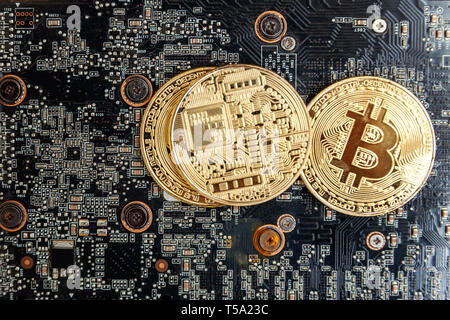 Bitcoins lie on the video card, concept of mining. Electronic virtual money for web banking and international network payment. Symbol of crypto curren Stock Photo