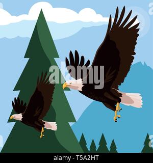 beautiful bald eagles flying in the landscape vector illustration ...