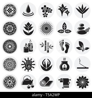 Yoga related icons set on circles background for graphic and web design. Simple vector sign. Internet concept symbol for website button or mobile app. Stock Vector