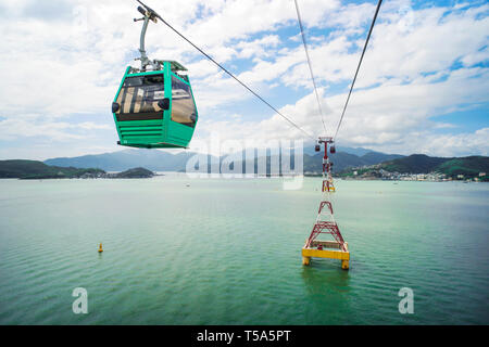 The view towards Nha Trang and VinPearl cable car from Nha Trang bay in Vietnam. Stock Photo