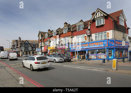 Busy traffic on the South Circular Road in Catford,South London, UK. View west towards Catford Bridge station. Stock Photo