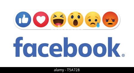 Baku. Azerbaijan - April 23. 2019 Facebook new like reactions buttons Stock Vector