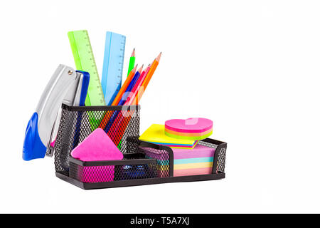 Stationery isolated on white. Markers, pencils, rulers, stickers, stapler Stock Photo