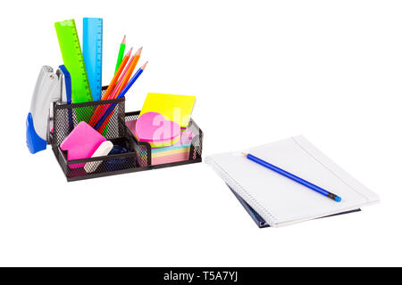 Stationery isolated on white. Notebooks, markers, pencils, rulers, stickers, stapler Stock Photo