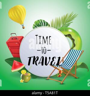 Time to travel. Inspirational quote motivational background. Summer design layout for advertising and social media. Realistic tropical beach design Stock Vector