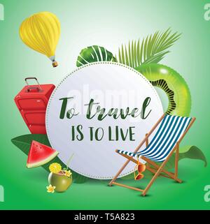 To travel is to live. Inspirational quote motivational background. Summer design layout for advertising and social media. Realistic tropical beach Stock Vector