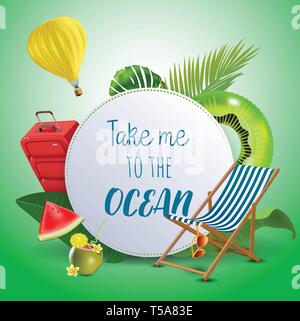 Take me to the ocean. Inspirational quote motivational background. Summer design layout for advertising and social media. Realistic tropical beach Stock Vector