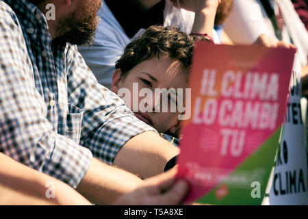 Young boy taking part in Fridays For Future protest (School Strike For Climate, Greta Thunberg) - Rome, Italy - April 19, 2019 Stock Photo