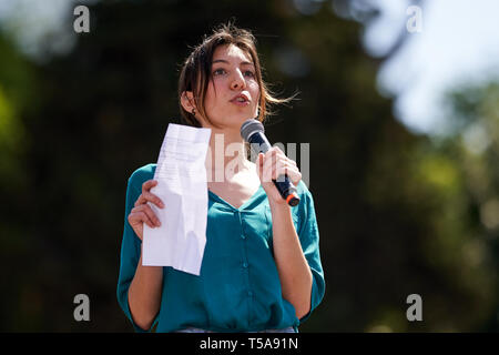 ROME, ITALY - April 19, 2019: Young female speaker at Fridays For Future (School Strike for Climate) protest with Greta Thunberg and Anuna De Wever Stock Photo