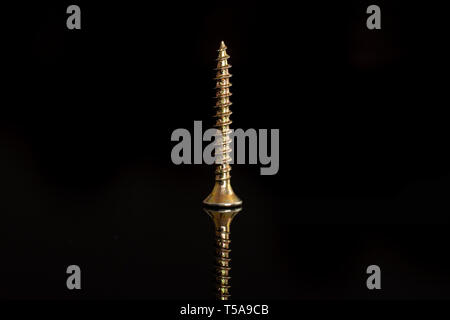 One whole sharp golden screw work item isolated on black glass Stock Photo