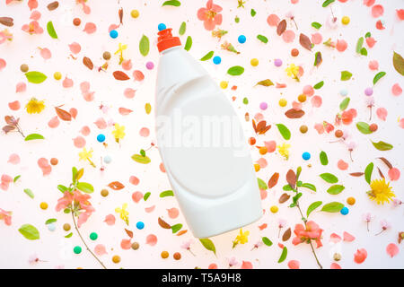Liquid dish soap bottle mock up with springtime floral decoration
