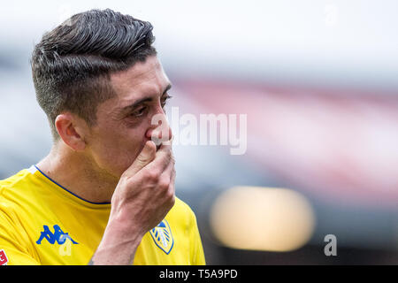 BRENTFORD, ENGLAND - APRIL 22: Pablo Hernández of Leeds United reaction during the Sky Bet Championship match between Brentford and Leeds United at Griffin Park on April 22, 2019 in Brentford, England. (Photo by Sebastian Frej/MB Media) Stock Photo