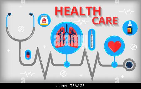 Health care, stethoscope, cardiogram, health monitoring, concepts set. Modern flat design concepts for web banners, web sites, printed materials, info Stock Vector