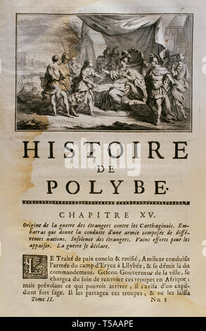 History by Polybius. Volume II. French edition translated from Greek by Dom Vincent Thuillier. Comments of Military Science enriched with critical and historical notes by M. De Folard. Paris, chez Pierre Gandouin, Julien-Michel Gandouin, Pierre-Francois Giffart and Nicolas-Pierre Armand, 1727. Printing by Jean-Baptiste Lamesle. Chapter fifteen. Origin of the war of foreigners against the Carthaginians. Engraving which illustrates the beginning of the chapter. Stock Photo