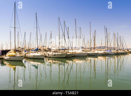 SAINT RAPHAEL, FRANCE - APRIL 2019: Sailing boats lined up in the marina of Port Pierre Canto Marina in Cannes Stock Photo