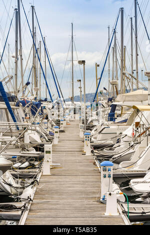 SAINT RAPHAEL, FRANCE - APRIL 2019: Wooden jetty in the marina of Port of Santa Lucia south in Saint Raphael. Stock Photo