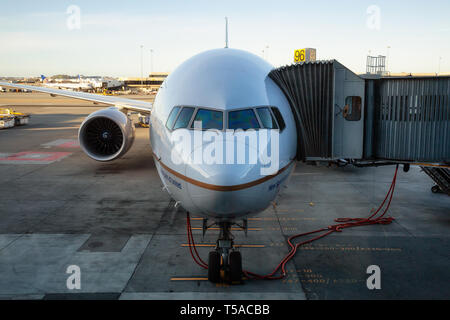 San Francisco, California, United States of America - March 30, 2019: Commercial airplane at the terminal in the International Airport during a sunny  Stock Photo