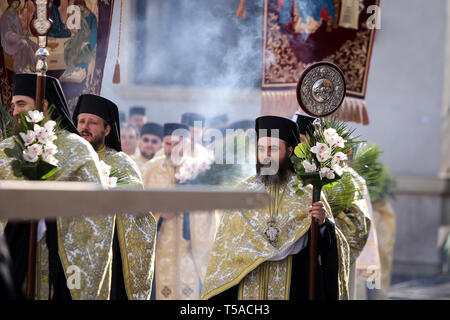 Bucharest, Romania - April 20, 2019: Romanian Orthodox priests during a Palm Sunday pilgrimage procession in Bucharest Stock Photo