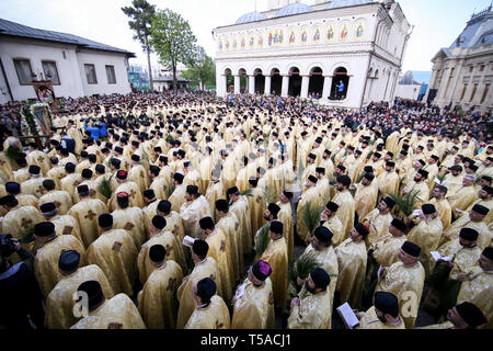 Bucharest, Romania - April 20, 2019: Romanian Orthodox priests during a Palm Sunday pilgrimage procession at the Patriarchal Cathedral in Bucharest Stock Photo