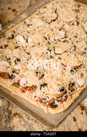 Unbaked homemade meat and veggie pizza with toppings of sausage, pepperoni, canadian bacon, black olives, mushrooms, mozzarella cheese, parmesan chees Stock Photo