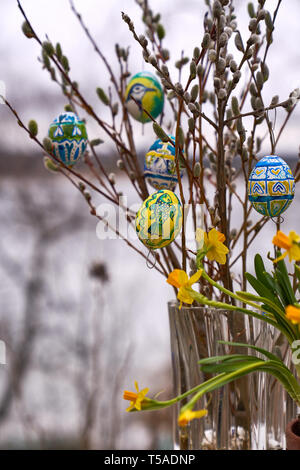 Coloured Easter eggs, willow catkins and narcissus flowers in outdoors settings in Western Finland. Stock Photo