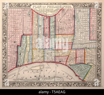 Beautiful vintage hand drawn map illustrations of Philadelphia City from old book. Can be used as poster or decorative element for interior design. Stock Photo