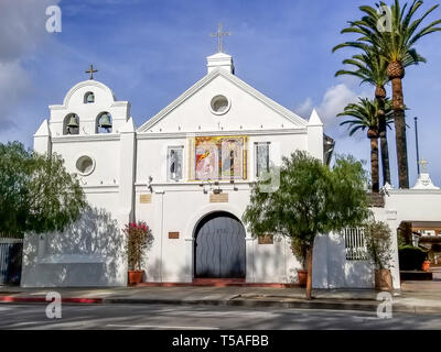 Our Lady of the Angels historic church in old Los Angeles, California - La Iglesia de Nuestra Señora la Reina de los Ángeles - exterior in sunshine. Stock Photo