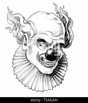 Crazy looking clown face. Ink black and white illustration Stock Photo