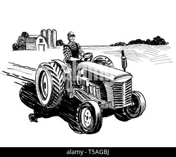 Farmer on tractor. Ink black and white illustration Stock Photo