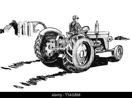 Farmer on retro tractor. Ink black and white illustration Stock Photo