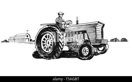 Farmer driving tractor. Ink black and white drawing Stock Photo