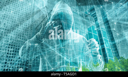 Cybercrime in computer science innovation, triangular shapes geometrical triangles abstract binary numbers concept Stock Photo