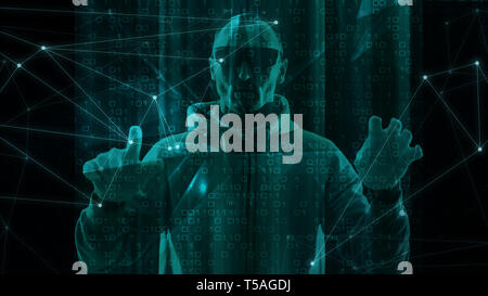 Computer infected by trojan virus computer software symbol, cyber crime target, big data data processing binary code Stock Photo