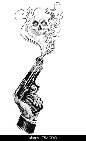 Hand with a smoking gun. Ink black and white drawing Stock Photo - Alamy