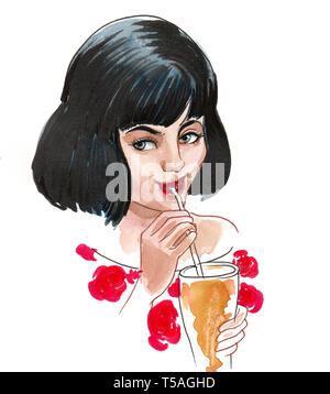 Pretty woman drinking a cup of tea. Ink and watercolor