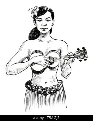 Pretty Hawaiian woman playing a guitar. Ink black and white illustration Stock Photo
