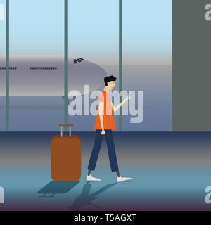 Vector illustration of a man carrying a luggage at the airport Stock Vector