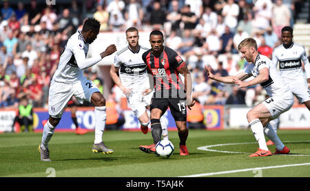 Callum Wilson of Bournemouth on the ball during the Premier League match between  AFC Bournemouth and Fulham  at the Vitality Stadium Bournemouth 20 April 2019 Editorial use only. No merchandising. For Football images FA and Premier League restrictions apply inc. no internet/mobile usage without FAPL license - for details contact Football Dataco