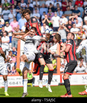 Alexandar Mitrovic of Fulham battles with Nathan Ake of Bournemouth for the ball during the Premier League match between  AFC Bournemouth and Fulham  at the Vitality Stadium Bournemouth 20 April 2019 Editorial use only. No merchandising. For Football images FA and Premier League restrictions apply inc. no internet/mobile usage without FAPL license - for details contact Football Dataco Stock Photo