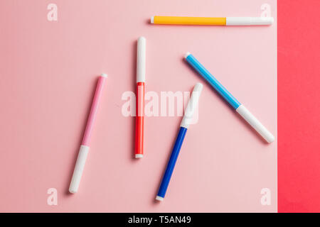 different soft-tip pens lying on the table. top view photo. color your life. your are only creatior of your own life. Stock Photo