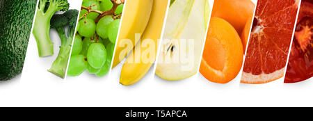 Bright summer food collage, fresh green, yellow and orange fruits Stock Photo