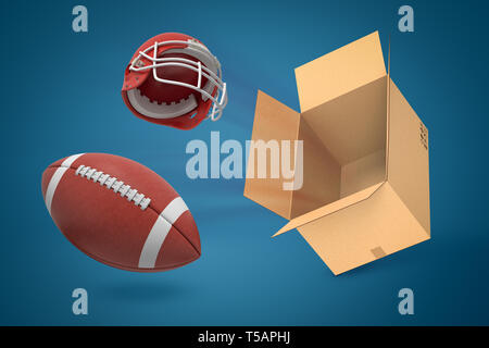 3d rendering of american football ball and helmet flying out of cardboard box on blue background Stock Photo